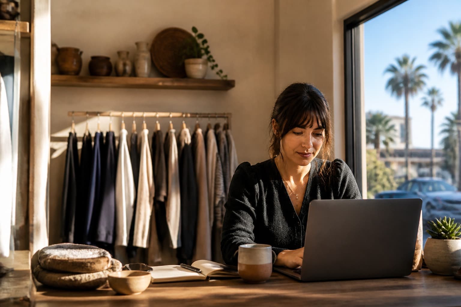 A small-business owner working at a sunlit storefront desk